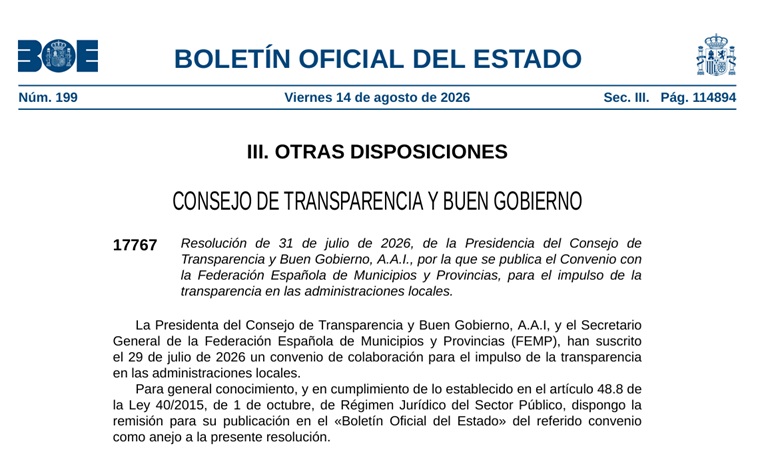 Imagen de la publicación en BOE del convenio entre el Consejo de Transparencia y la FEMP