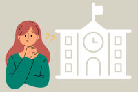 ilustración de una ciudadana delante de un edificio público 