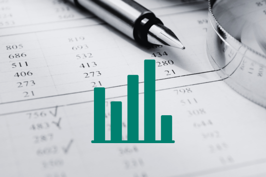 statistics icon on a photo with numbers, pen and magnifying glass