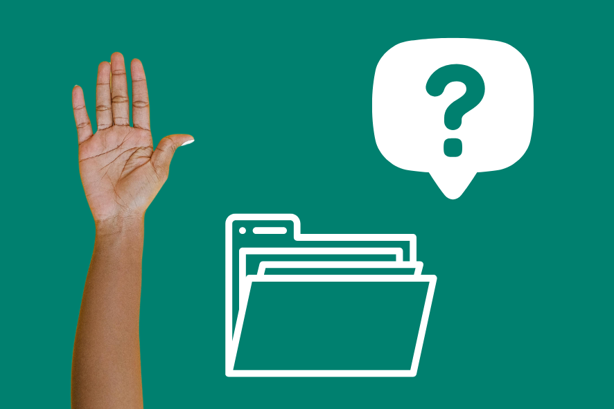 Hand raised next to some files and a question mark