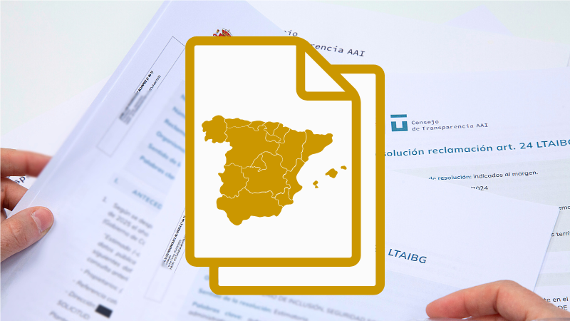 Icono de mapa d'España amb les comunitats autònomes sobre una foto de resolucions del Consell
