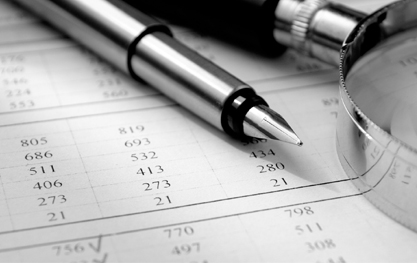 38393195 - business chart and finance concept, pie and bar chart and magnify glass and pen on financial paper. 3d render image and computer generated image.